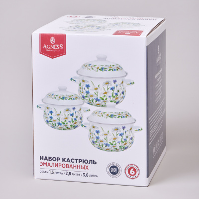 934-721 Набор эмалированных кастрюль AGNESS "SENTMENT", 6 предметов 1,5л/2,8л/3,6л